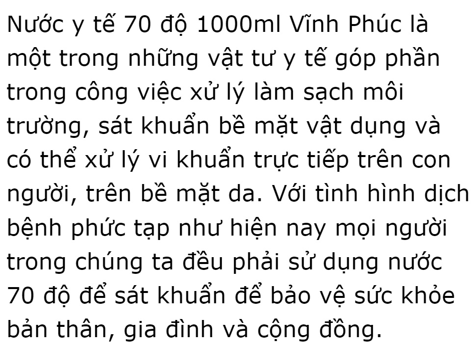Cồn 70 độ 1000ml Vĩnh Phúc dùng để xử lý làm sạch môi trường, sát khuẩn bề mặt vật dụng và có thể xử lý vi khuẩn trực tiếp trên con người, trên bề mặt da, sát khùng vết thương, diệt khuẩn, sát khuẩn dụng cụ y tế DrViet 59 Cồn 70 độ 1000ml Vĩnh Phúc dùng để xử lý làm sạch môi trường, sát khuẩn bề mặt vật dụng và có thể xử lý vi khuẩn trực tiếp trên con người, trên bề mặt da, sát khùng vết thương, diệt khuẩn, sát khuẩn dụng cụ y tế DrViet