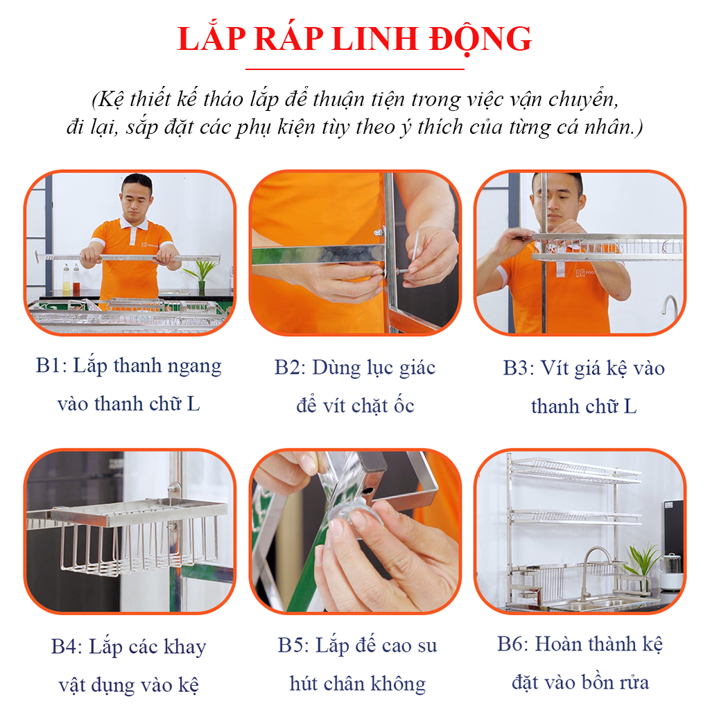 Kệ Úp Chén Bát Inox Foodcom - Kệ Chén Đa Năng Inox Để Trên Bồn Rửa - Kệ Để Chén Loại 1 tầng, Size 86cm - Hàng Chính Hãng, Bảo Hành 12 Tháng