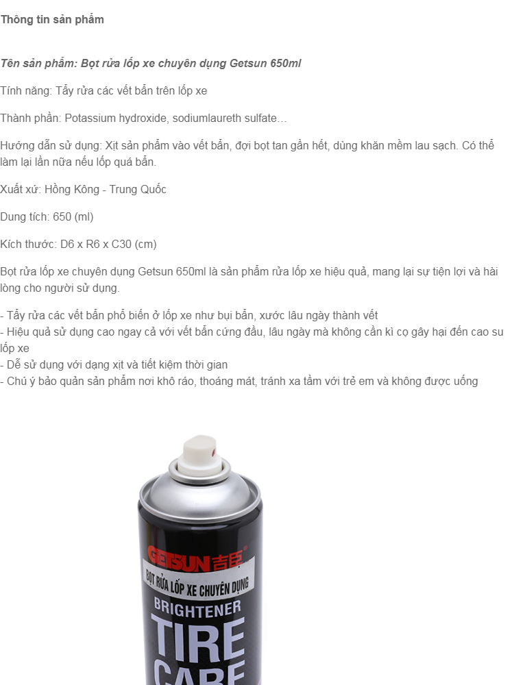 [hcm]chai xịt bọt rửa lốp xe chuyên dụng getsun 650ml (đen) pns205 1