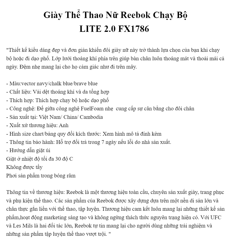 Giày Thể Thao Nữ Reebok Chạy Bộ LITE 2.0 FX1786 | Lazada.vn