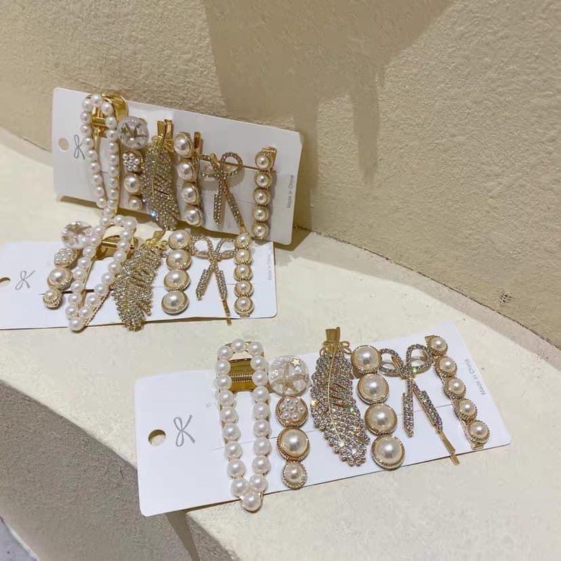 Set 6 Món Kẹp Tóc Đính Đá Ngọc Trai Phong Cách Hàn Quốc, Cặp Tóc Đính Đá Thiết Kế Sang Cảnh Thời Trang Phụ Kiện Tóc Nữ