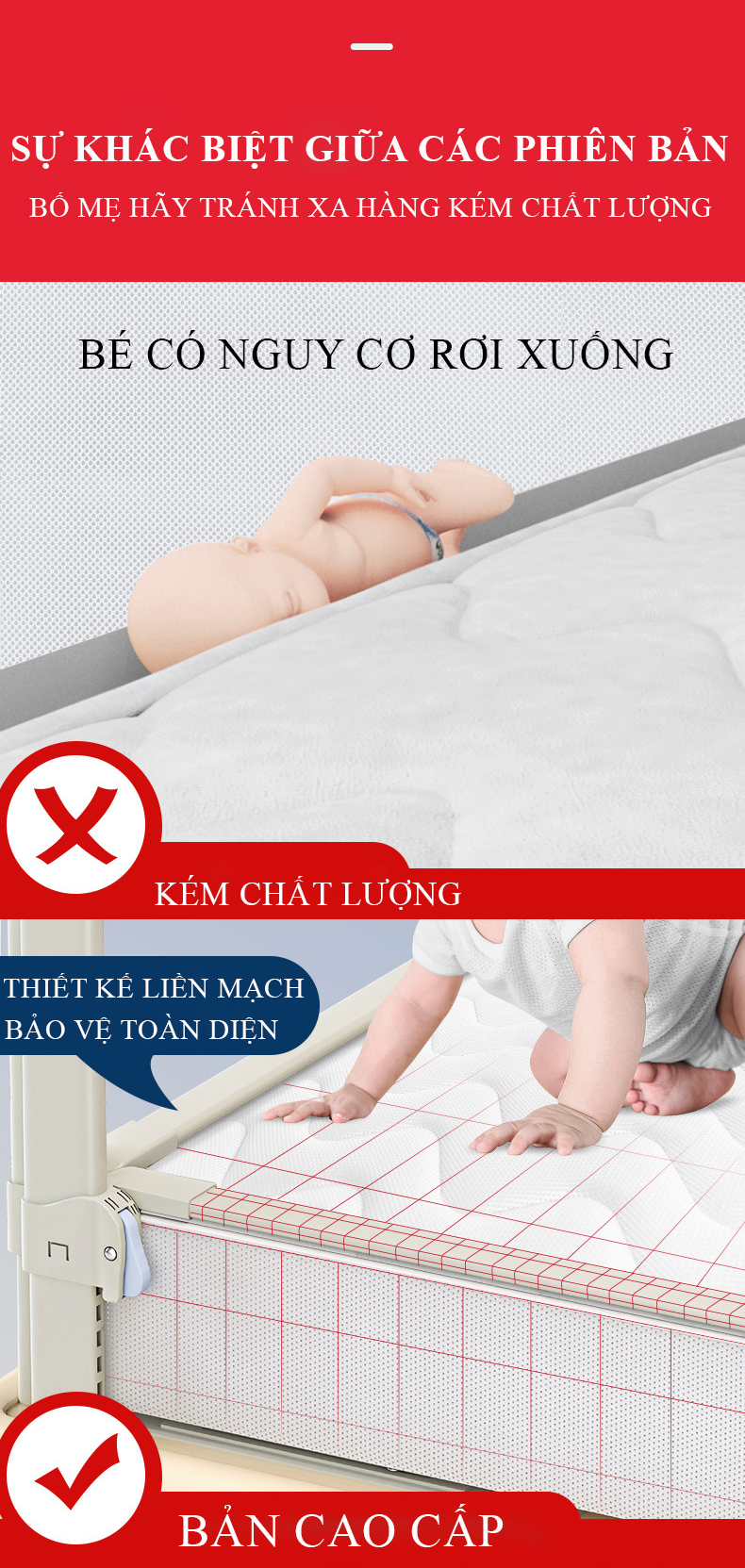 Thanh chắn giường cho bé an toàn cao cấp 1m2, 1m8, 2m, 2m2. Độ cao điều chỉnh trượt lên trượt xuống cao 72 - 100cm.