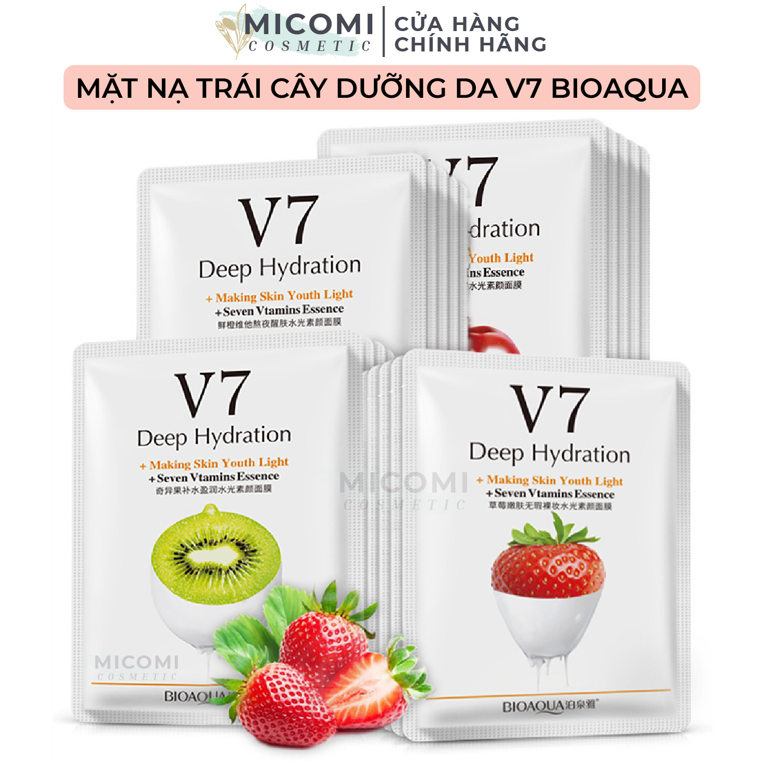 COMBO 10 Mặt Nạ Trái Cây V7 Dưỡng Trắng Da Cấp Ẩm Ngừa Mụn Mask Giấy Đắp Mặt Toning Youth  Vitamin Bioqua Nội Địa Trung MICOMI Cosmetics Táo l Kiwi l Cam l Dâu