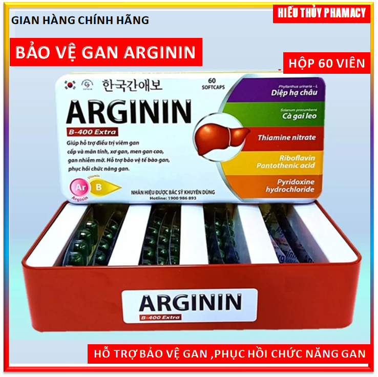 Viên Uống Thải Độc Gan Arginin B-400 Extra Giúp Thanh Nhiệt Bảo Vệ Gan, Tăng Cường Chức Năng Gan ,hạn chế tổn thương do rượu bia các hóa chất có hại cho gan -Hộp sắt 60 viên