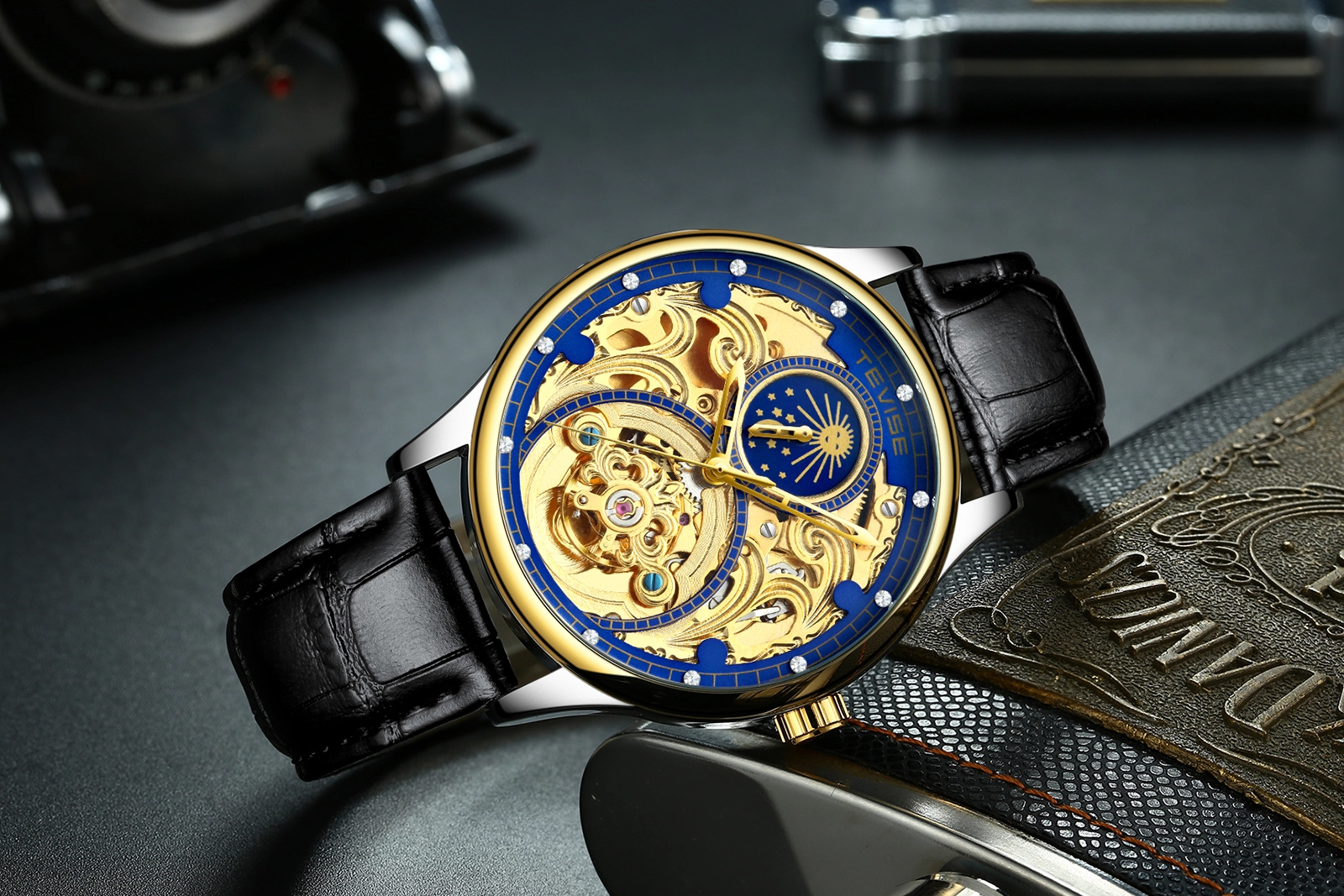 Đồng hồ nam TEVISE T820 automatic, Dây da cao cấp, Full hộp, chống nước, chống xước, Thẻ bảo hành 3 năm