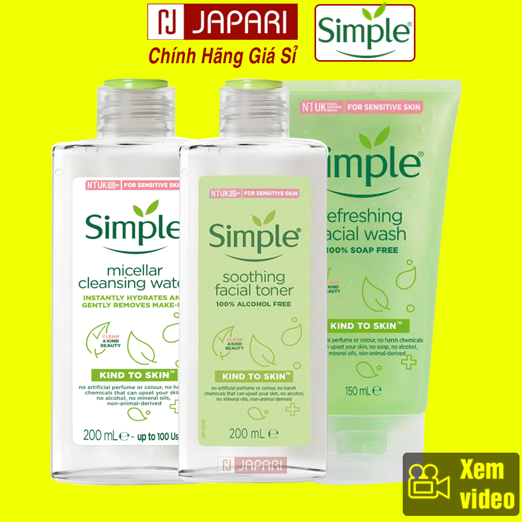 Combo Simple Skincare 3 Món CHÍNH HÃNG Bộ Chăm Sóc Da Mặt CAO CẤP: Sữa Rửa Mặt + Toner Nước Hoa Hồng + Nước Tẩy Trang - Srm Cho Da Nhạy Cảm, Da Dầu Mụn, Da Khô + Tonner  - Sua Rửa Mặt Cho Nam Nữ - Mỹ Phẩm Giá Sỉ JAPARI