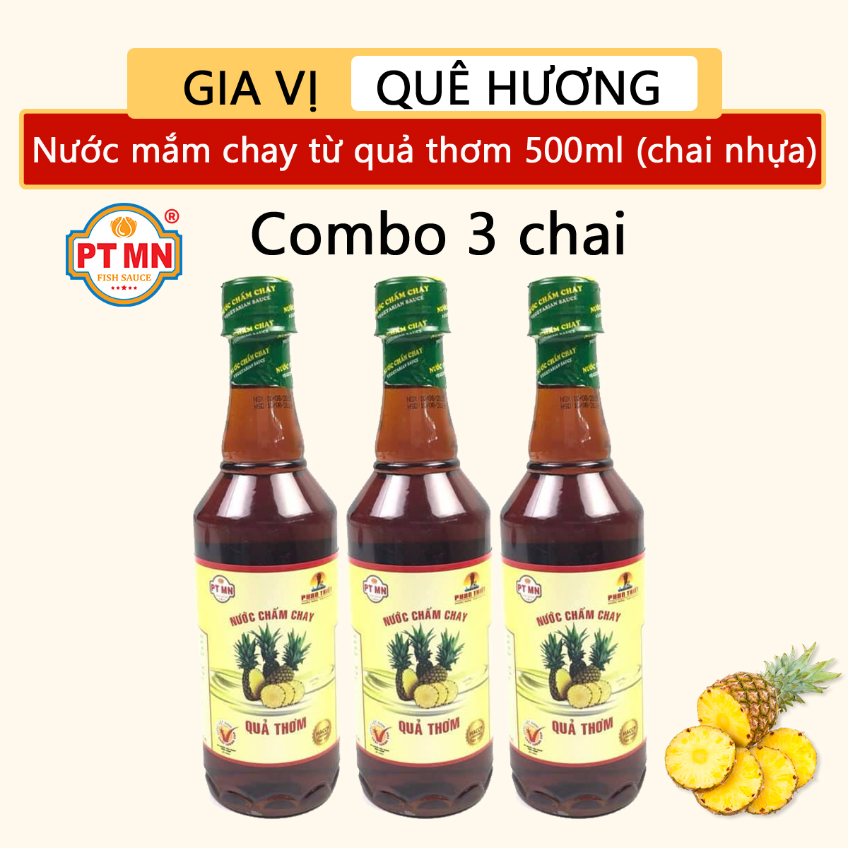 Nước mắm chay Phan Thiết Mũi Né từ trái thơm 500ml (chai nhựa) (Combo 3 chai)