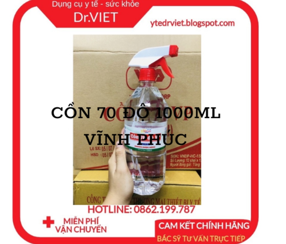 Cồn 70 độ 1000ml Vĩnh Phúc dùng để xử lý làm sạch môi trường, sát khuẩn bề mặt vật dụng và có thể xử lý vi khuẩn trực tiếp trên con người, trên bề mặt da, sát khùng vết thương, diệt khuẩn, sát khuẩn dụng cụ y tế DrViet 62 Cồn 70 độ 1000ml Vĩnh Phúc dùng để xử lý làm sạch môi trường, sát khuẩn bề mặt vật dụng và có thể xử lý vi khuẩn trực tiếp trên con người, trên bề mặt da, sát khùng vết thương, diệt khuẩn, sát khuẩn dụng cụ y tế DrViet