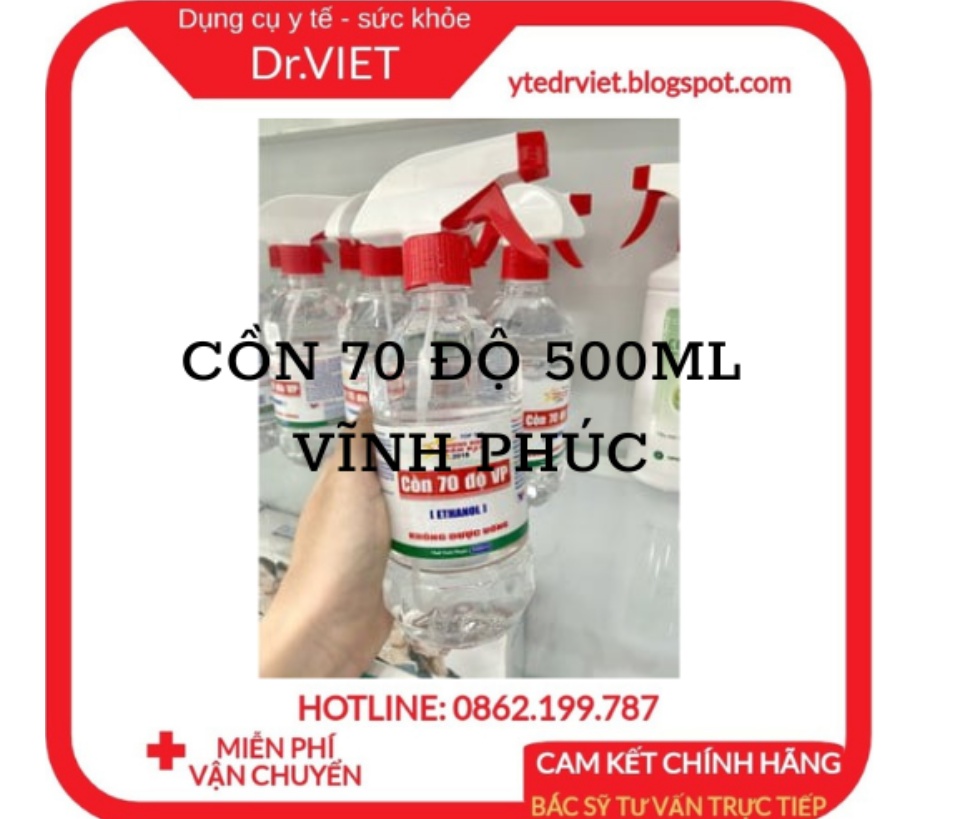 Cồn 70 độ 500ml Vĩnh Phúc dùng để xử lý làm sạch môi trường, sát khuẩn bề mặt vật dụng và có thể xử lý vi khuẩn trực tiếp trên con người, trên bề mặt da, sát khùng vết thương, diệt khuẩn, sát khuẩn dụng cụ y tế Drviet 64 Cồn 70 độ 500ml Vĩnh Phúc dùng để xử lý làm sạch môi trường, sát khuẩn bề mặt vật dụng và có thể xử lý vi khuẩn trực tiếp trên con người, trên bề mặt da, sát khùng vết thương, diệt khuẩn, sát khuẩn dụng cụ y tế Drviet