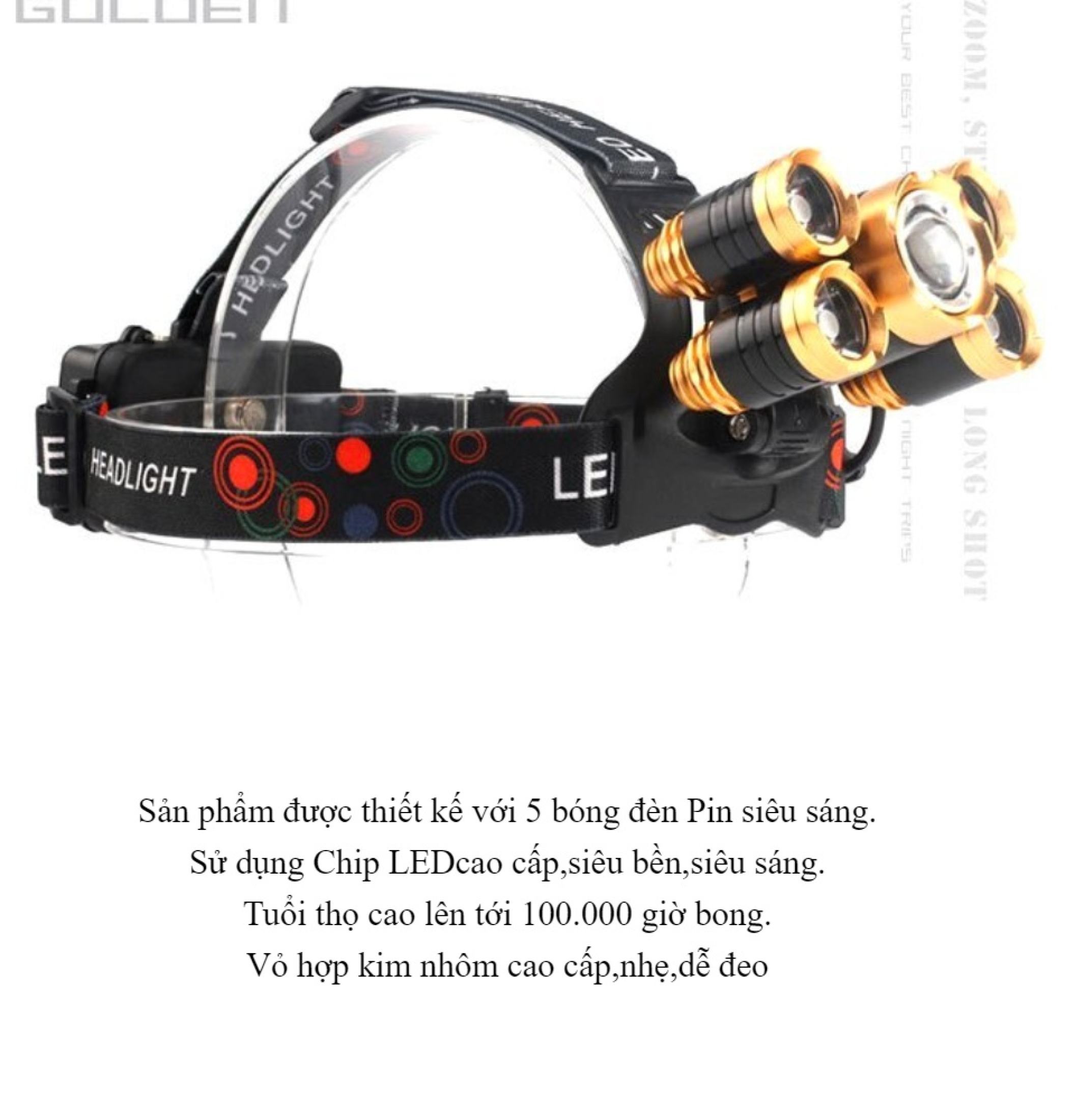 Đèn pin siêu sáng đội đầu 5 bóng gồm 1 đen 5 bóng