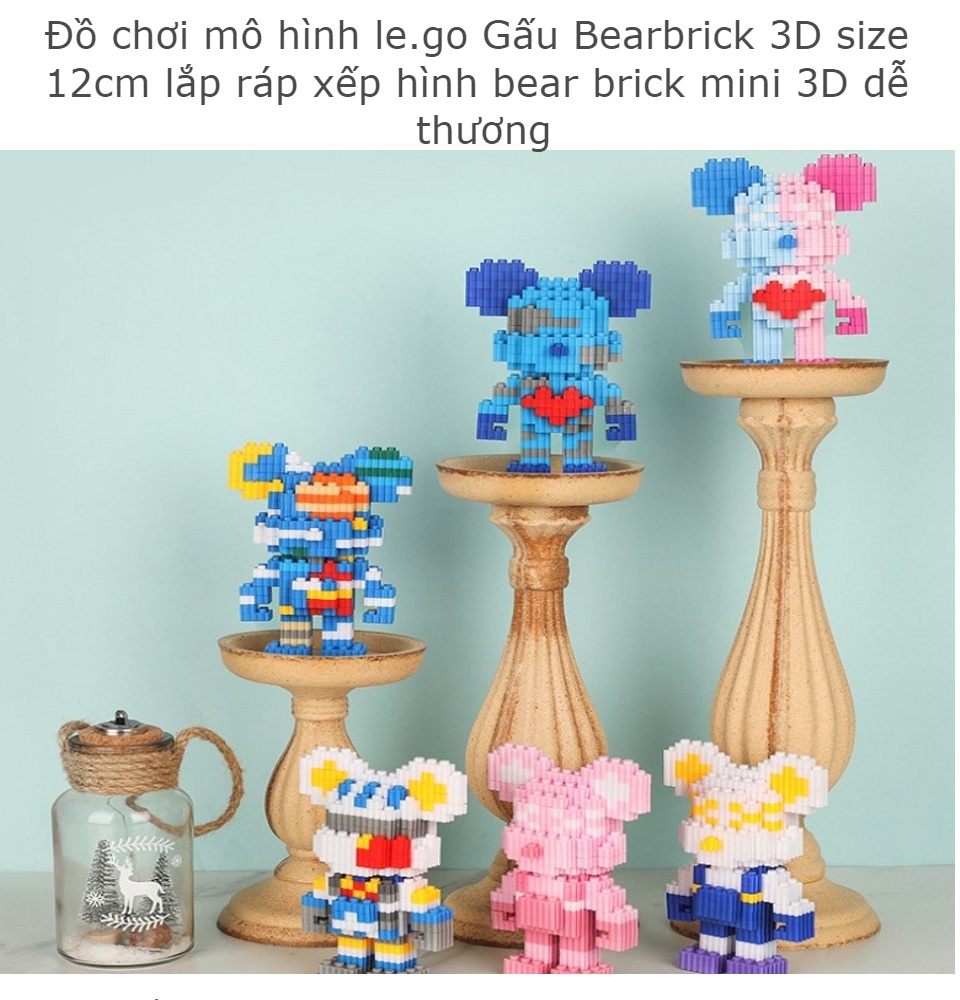 Đồ chơi mô hình  Gấu Bearbrick 3D size 12cm lắp ráp xếp hình bear  brick mini 3D dễ thương 