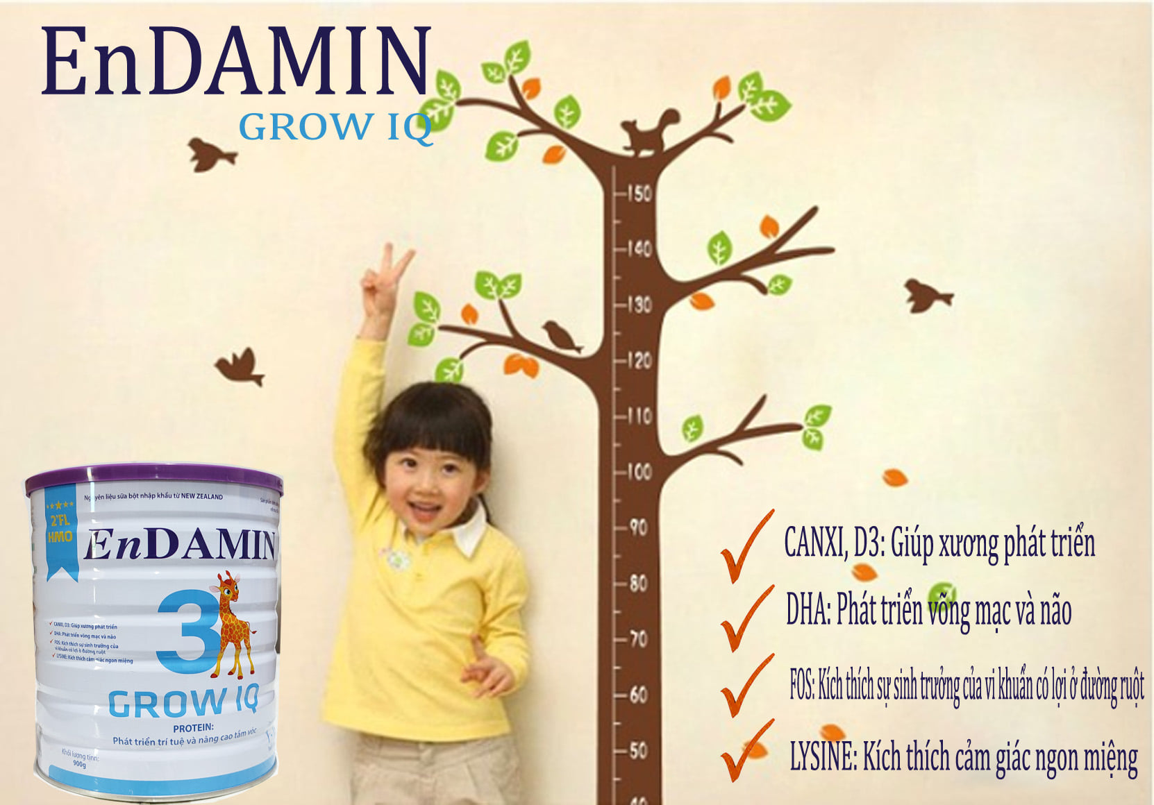 Sữa phát triển chiều cao trí não ENDAMIN GROW IQ 900g – Phát triển trí tuệ và nâng cao tầm vóc cho trẻ từ 1-15 tuổi - Good for health