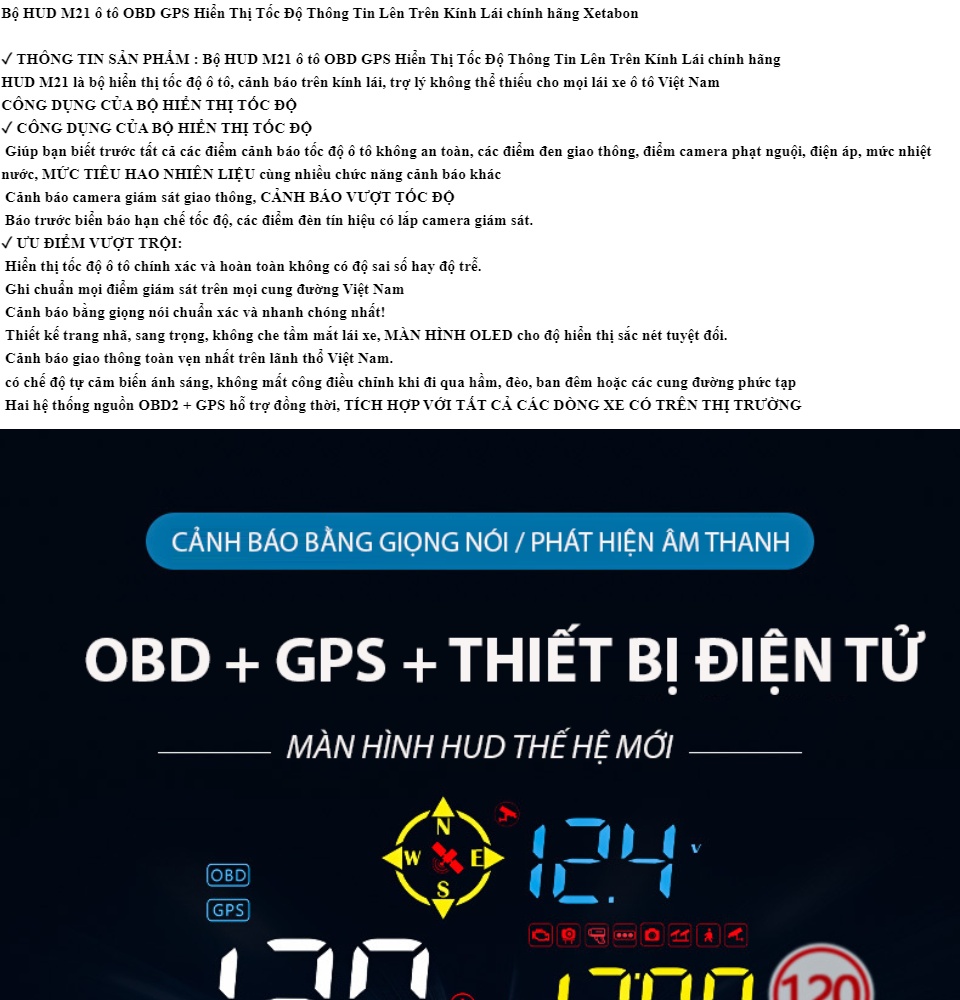 Bộ HUD M21 ô tô OBD GPS Hiển Thị Tốc Độ Thông Tin Lên Trên Kính Lái chính hãng Xetabon Bảo Hành 1 năm