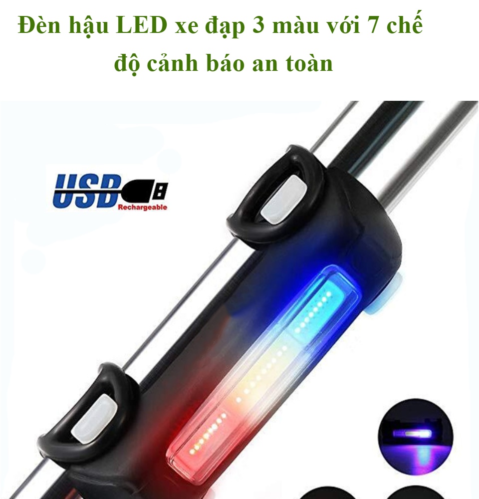 Đèn hậu LED xe đạp 3 màu với 7 chế độ cảnh báo an toàn