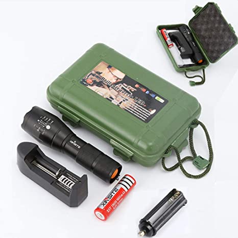 Đèn Pin Siêu Sáng 5 chế độ chiếu xa trăm mét T6 - Đèn Pin P0lice XML T6 - Bộ Sản phẩm đầy đủ gồm Thân đèn, Pin Sạc, Bộ Sạc,dụng cụ xài pin AAA, đồ bảo vệ Pin, 1 hộp đựng chắc chắn