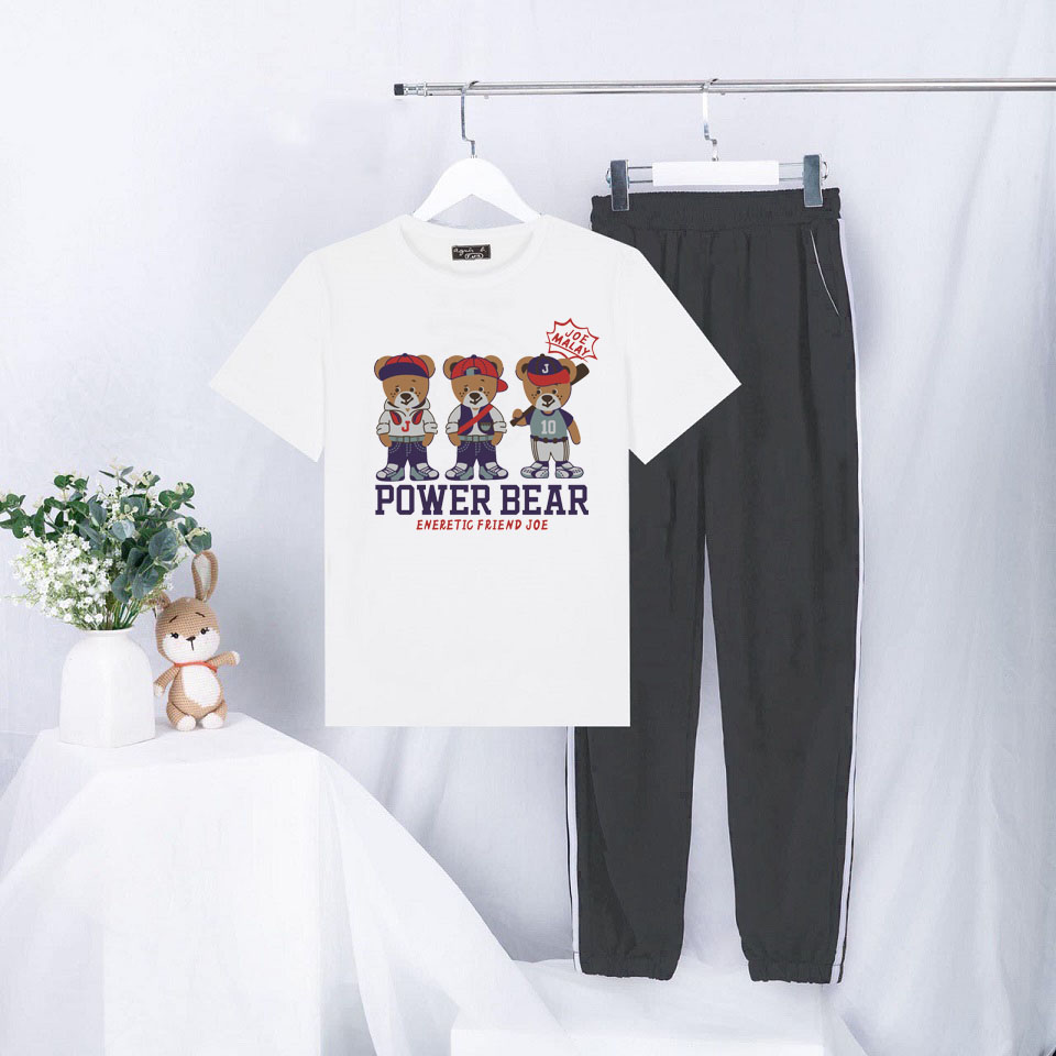 Sét Bộ Đồ Quần Áo Hè Ulzzang Nữ In 3D Cầu Thủ Power Bear Mặc Đi Chơi Cá Tính, Áo Màu Trắng Cotton Organic Kèm Quần Bo Thun Gấu Phong Cách