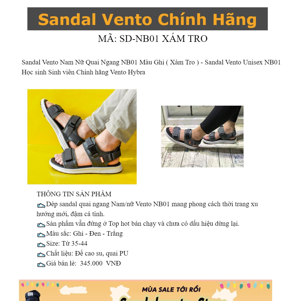 [HCM]Giày Sandal Vento Học sinh Unisex SD-NB01 Màu Xám Tro 1