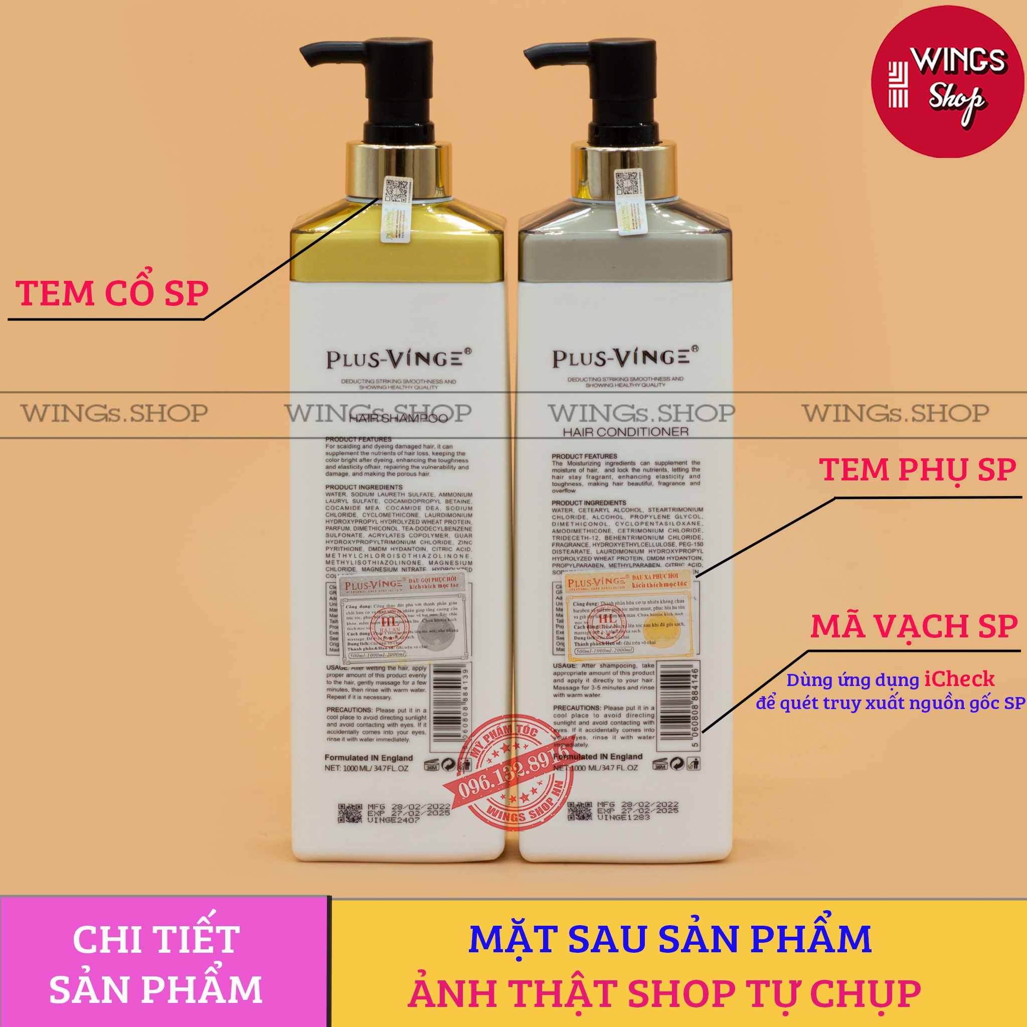 Cặp Dầu Gội Xả Collagen Vinge 1000ML Giúp Giảm Rụng Tóc Phục Hồi Tóc Khô Xơ Hư Tổn, WINGs SHOP Dầu Gội Collagen Vinge Chính Hãng