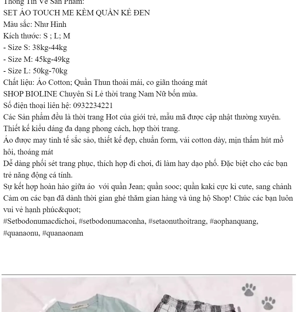 [FREESHIP] SET ÁO THUN TOUCH ME KÈM QUẦN KẺ ĐEN
