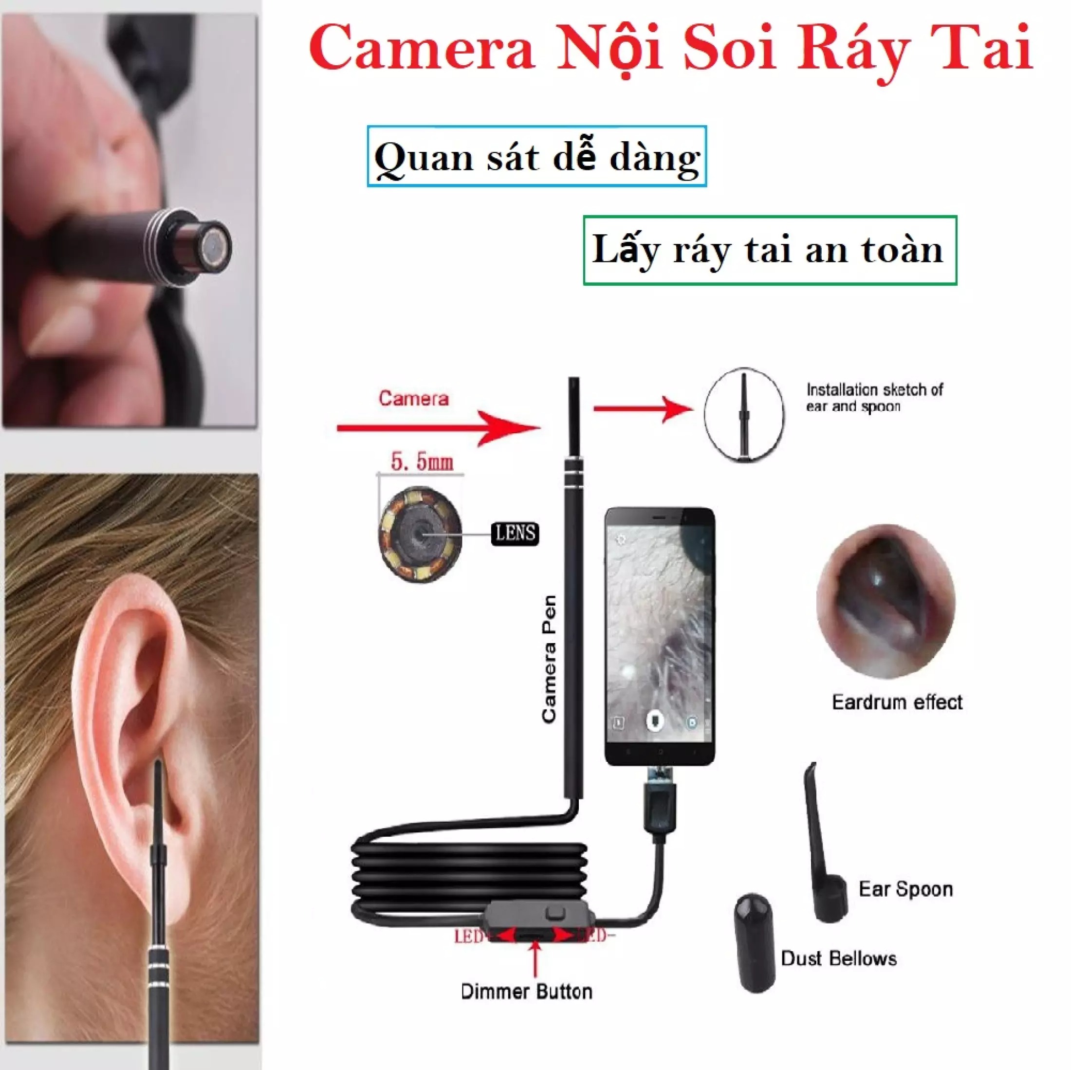 Lấy Ráy Tai Có Đèn Kèm Camera Soi Tại Nhà, Cây Móc Lỗ Tai - Thiết Kế Thông Minh, Nhỏ Gọn, Chống Nước (phần que dò), Đèn Led Có Thể Điều Chỉnh Độ Sáng - Bộ Lấy Ráy Tai, Máy Hỗ Trợ Lấy Ráy Tai Giá Rẻ,