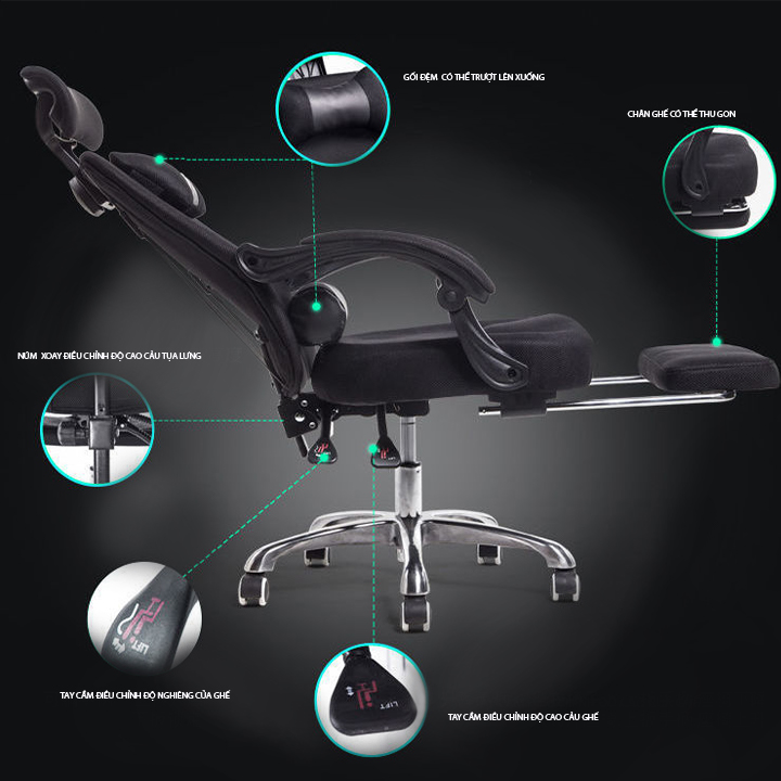 Ghế Văn Phòng Ngả Lưng Kèm Gác Chân - Ghế Làm Việc Chân Xoay Ngả Lưng Cao Cấp