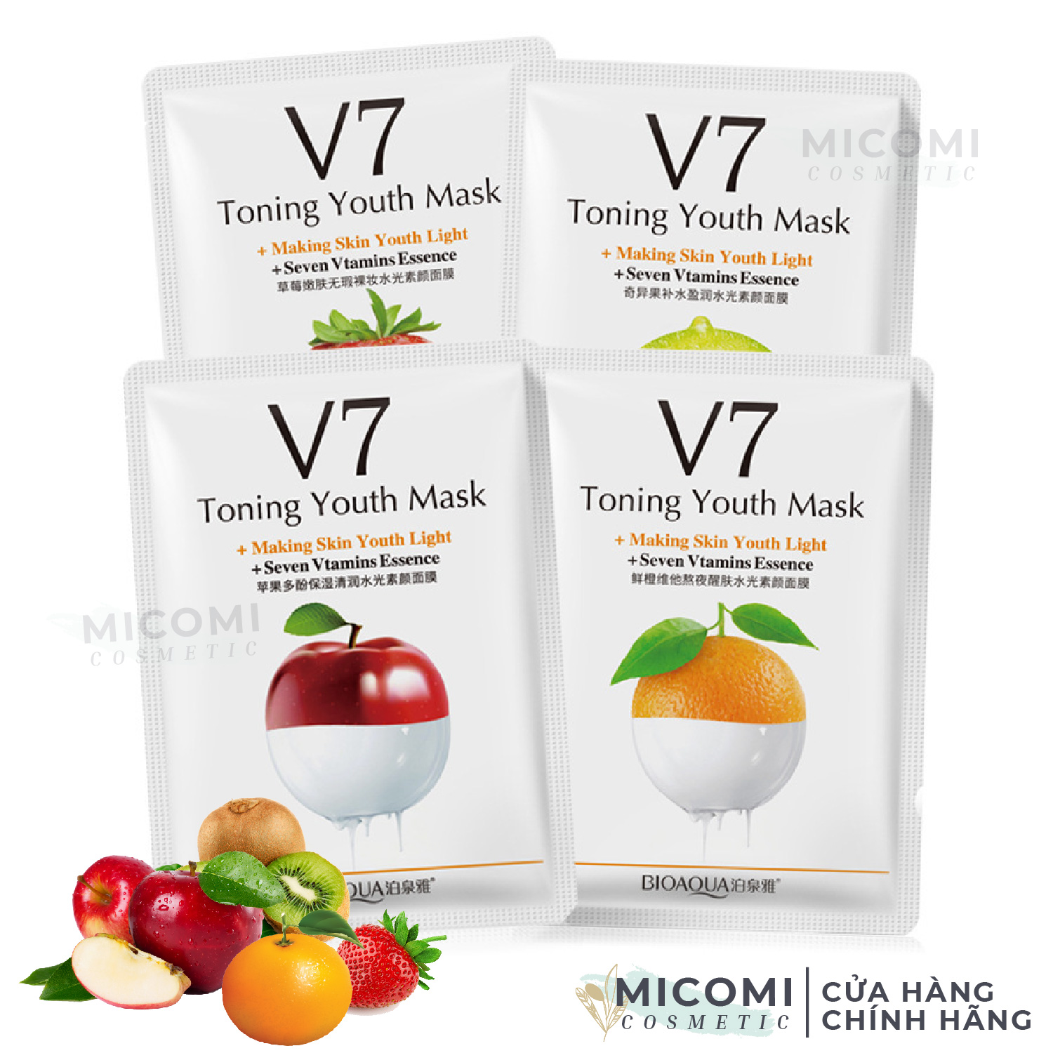 COMBO 10 Mặt Nạ Trái Cây V7 Dưỡng Trắng Da Cấp Ẩm Ngừa Mụn Mask Giấy Đắp Mặt Toning Youth  Vitamin Bioqua Nội Địa Trung MICOMI Cosmetics Táo l Kiwi l Cam l Dâu