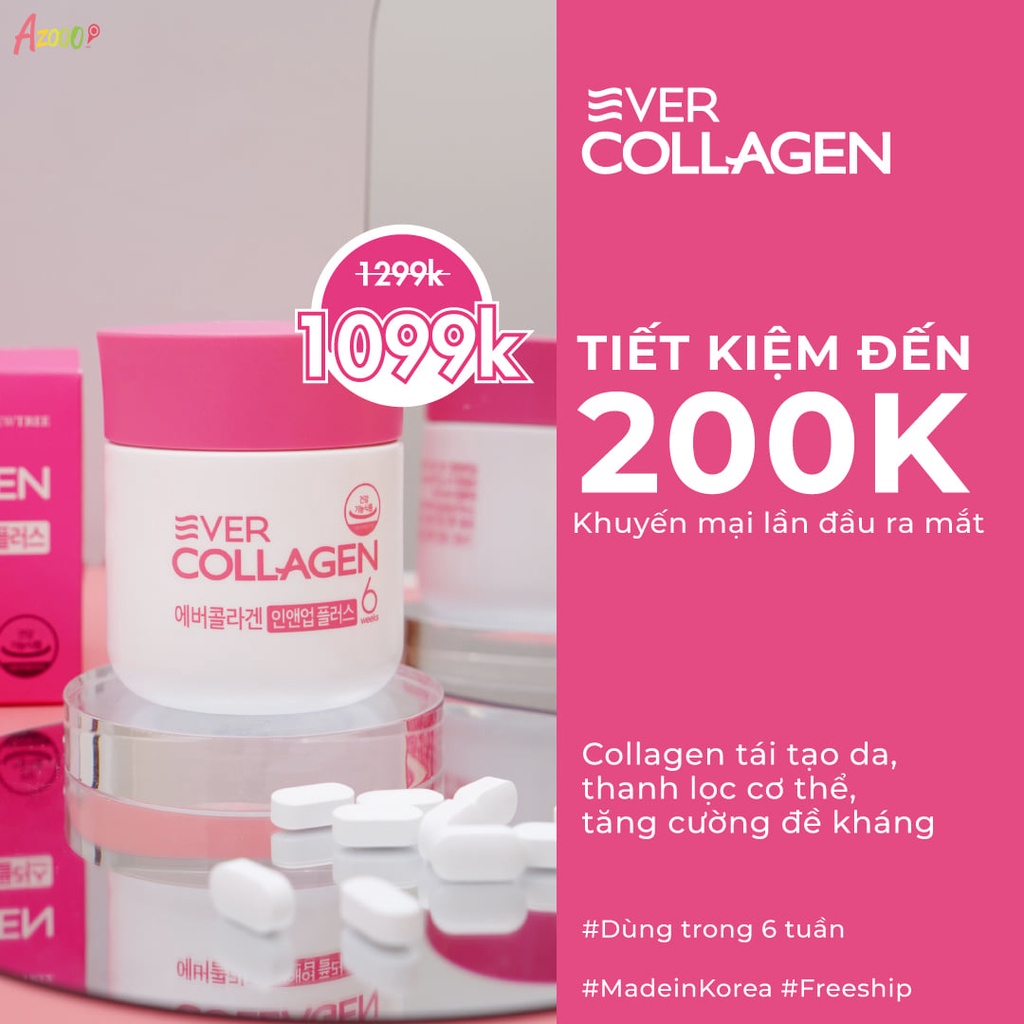 💕CAO CẤP💕Ever collagen in&up plus- Viên uống tổng hợp bổ sung collagen số 1 Hàn Quốc, Collagen dạng viên giúp làm đẹp da, tóc và móng, cải thiện trí nhớ- Loại 1 Hộp/ 2 Hộp
