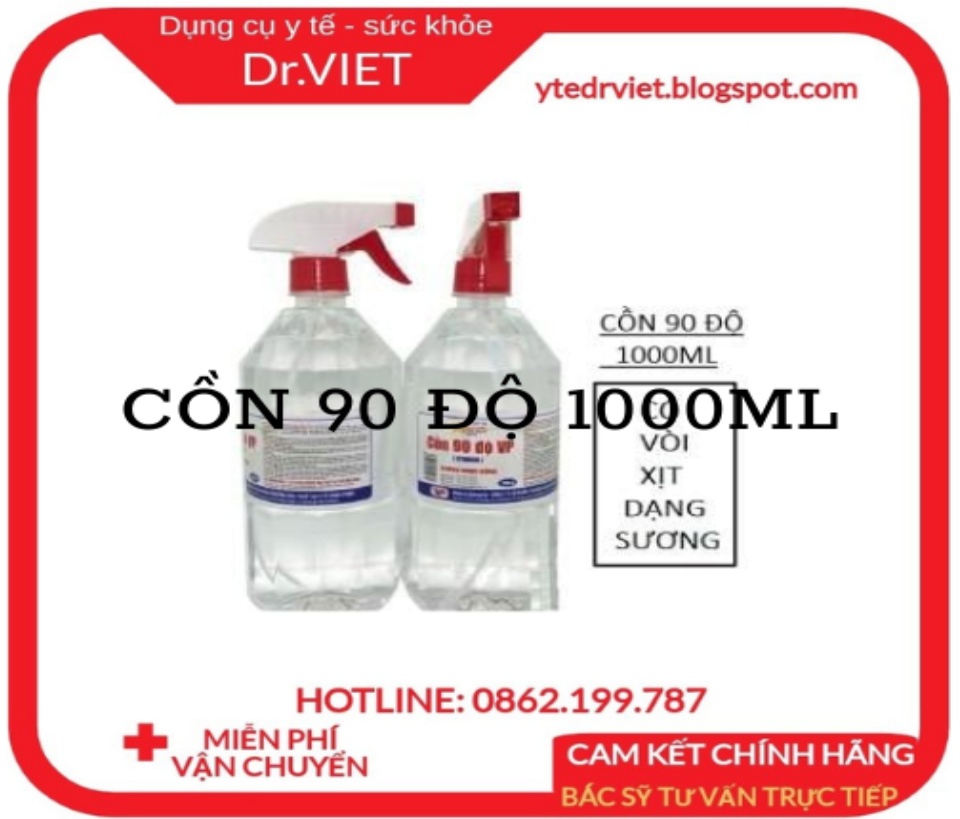 Cồn 90 độ Vĩnh Phúc 1000ml , Dùng để diệt khuẩn dụng cu y tế, bề mặt trong y tế,vi khuẩn Staphylococcus aureus, Pseudomona, Sát trùng vết thương: Tẩm cồn vào bông bôi lên chỗ cần sát trùng, Vệ sinh dụng cụ y tế - Drviet