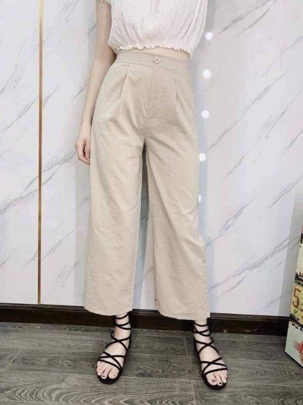 Quần Ống Rộng Culottes Lưng Cao Chất Đũi Vải Mềm Mịn Buộc Dây Kiểu Dáng Trẻ Trung