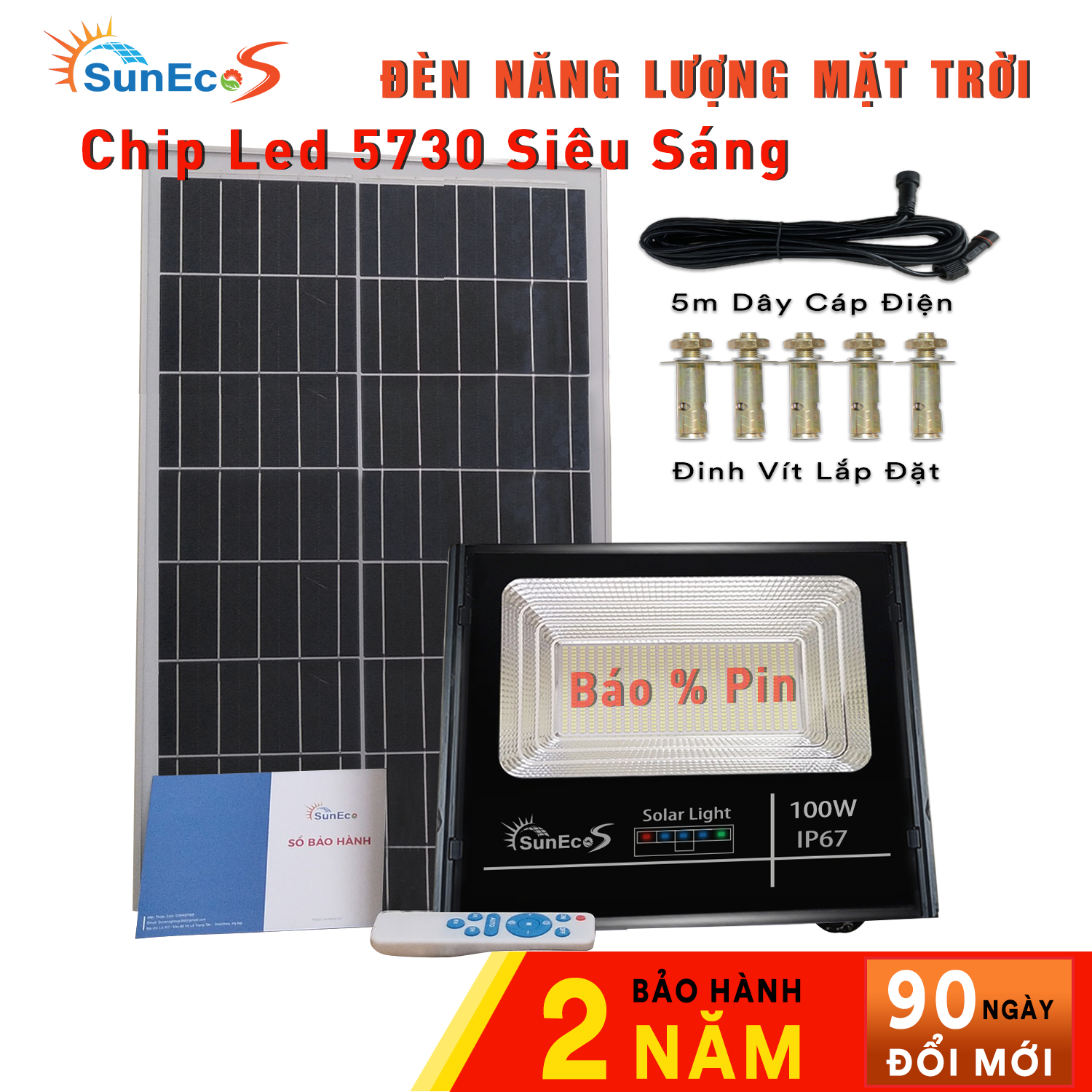 Đèn năng lượng mặt trời 100W SUNECO [ CÓ BÁO PIN ] , đèn pha led năng lượng mặt trời Kèm tấm pin rời có remote điều khiển từ xa tiện lợi và thông minh, cảm biến tự động, dây nối 5m, thời gian sáng 10 - 14h, bảo hành 24 tháng