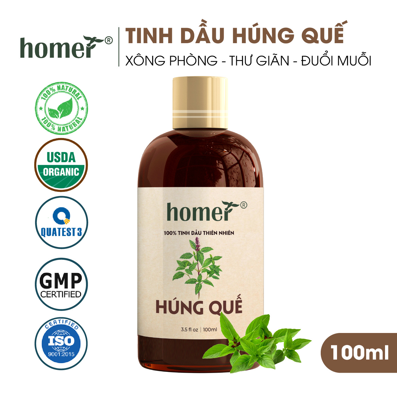 Tinh dầu thiên nhiên Húng Quế Pháp Homer - Dung tích 20ml / 100ml/ 500ml/ 1000ml - Đạt chuẩn kiểm định cao cấp - An toàn cho sức khỏe - Đa công dụng