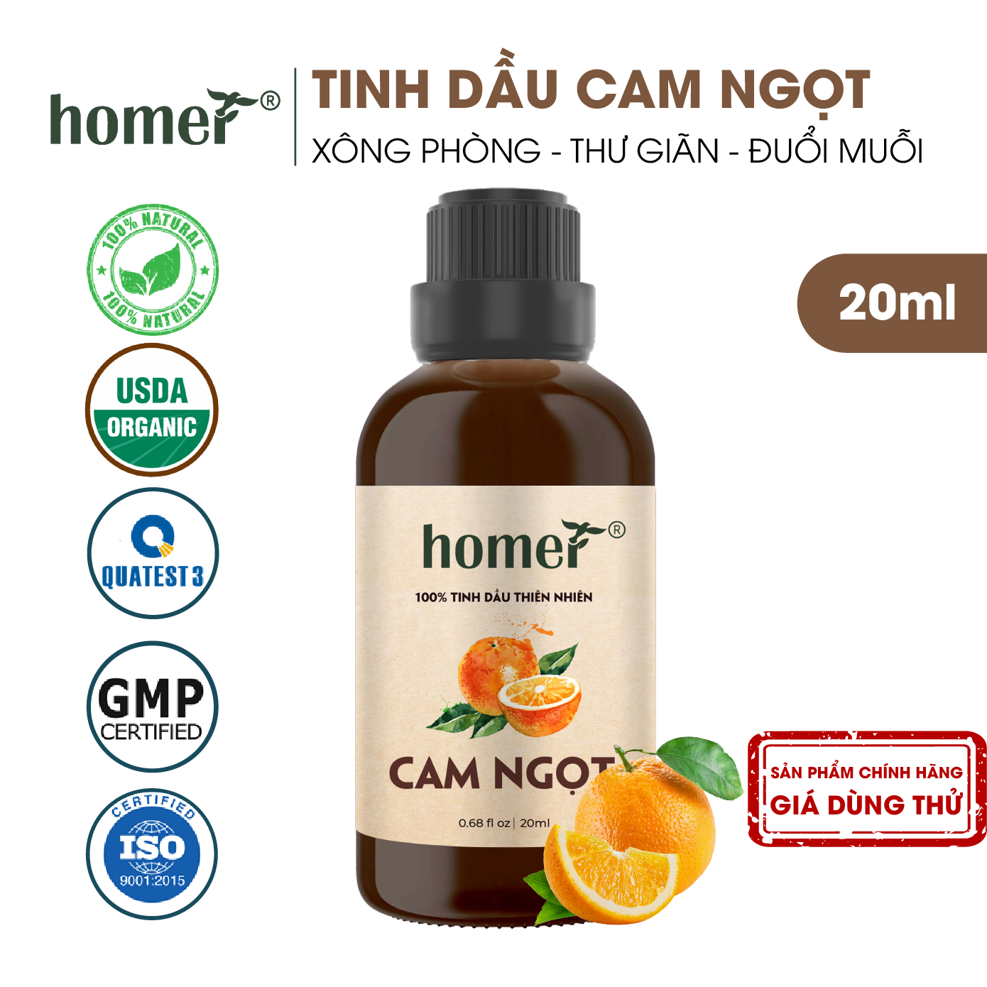 Tinh dầu thiên nhiên giá dùng thử chai lớn dung tích 20ml HOMER nhập khẩu - Nhóm đơn hương cơ bản 20 mùi - Tinh dầu Cam / Bạc hà / Sả chanh