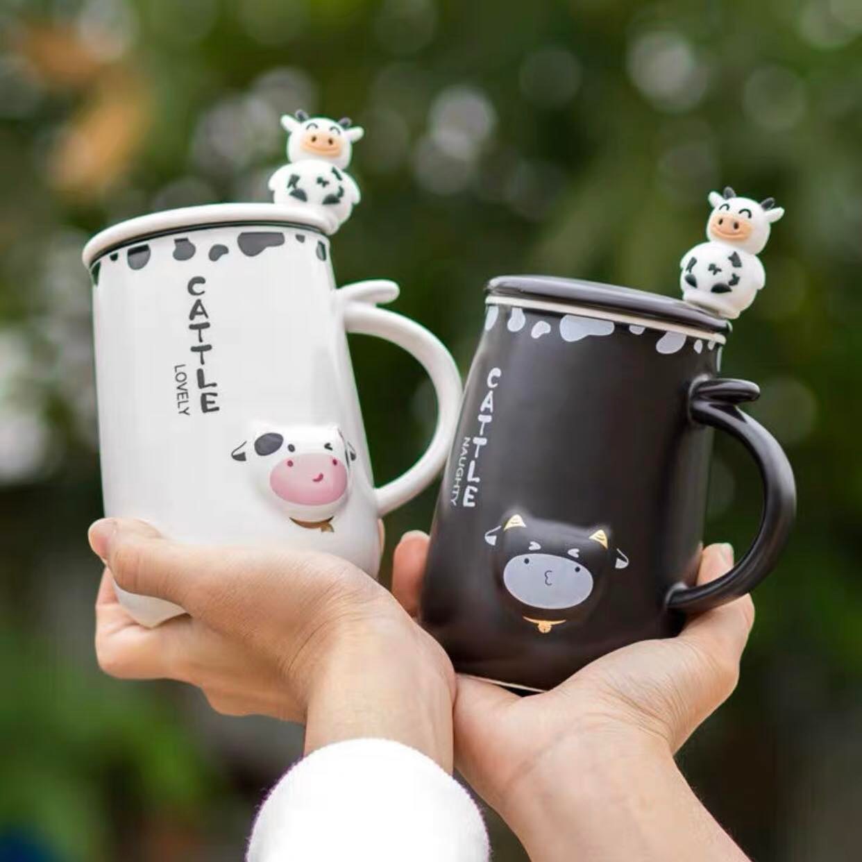 Ly Cốc Sứ Bò Sữa Có Nắp Và Thìa Uống Trà Uống Cà Phê Siêu Cute