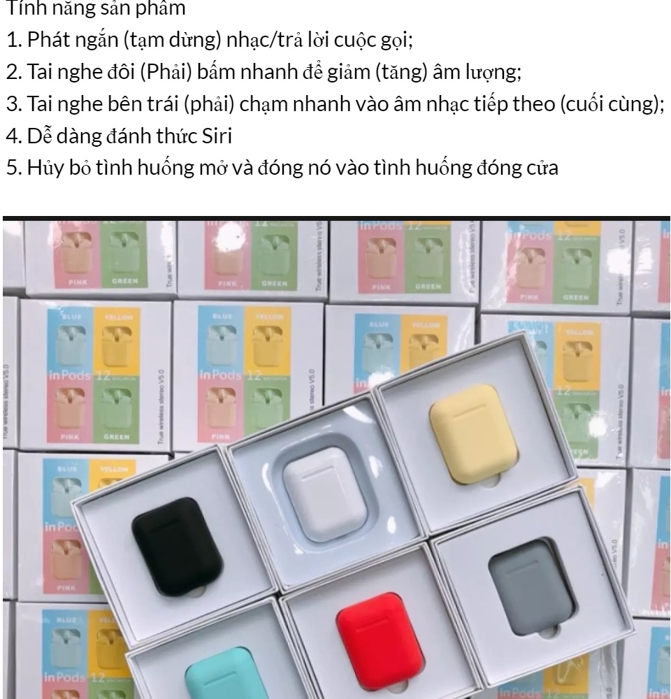 Tai nghe bluetooth, Tai Nghe Bluetooth Inpods12 Bản Pro Nâng Cấp Pin Trâu Hơn Nghe Hay, Tai Nghe Bluetooth Không Dây inpods i12s nhiều màu - Tai Nghe Bluetooth Pin Trâu 2