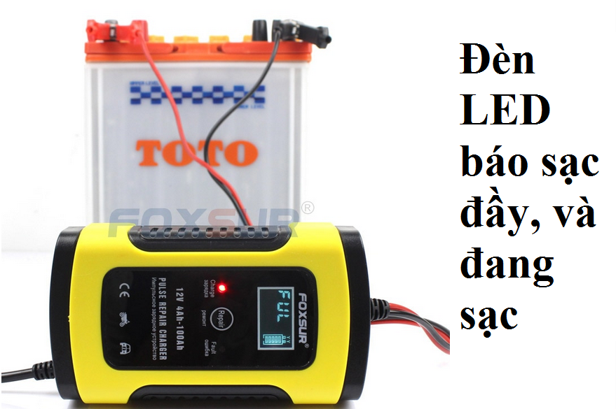 Sạc bình ắc quy 12V FOXSUR có khử sunfat phục hồi ắc quy thông minh tự ngắt chống ngược cực, có quạt tản nhiệt, dùng cho bình 4ah-100Ah hàng cao cấp chất lượng cao bảo hành uy tín 1 đổi 1, bộ kích sạc ắc quy