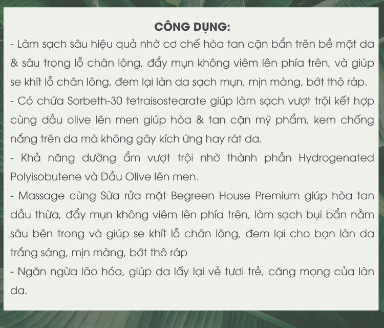 Sữa rửa mặt Begreen House Premium 100ml dưỡng ẩm, loại bỏ mụn đàu đen, làm sạch bã nhờn