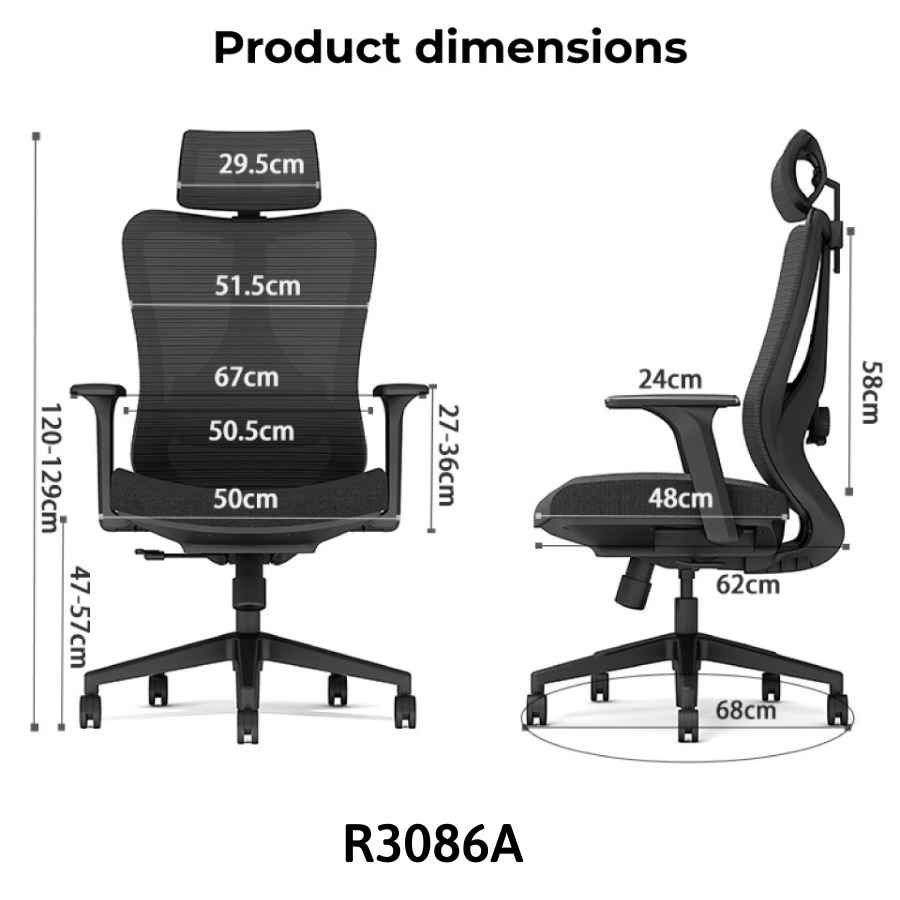 Ghế xoay văn phòng công thái học GOVI Ryan R02TD - Thiết kế tựa đầu điều chỉnh độ cao, tựa tay cố định, mâm ghế ngả sau, khóa ngả 1 vị trí