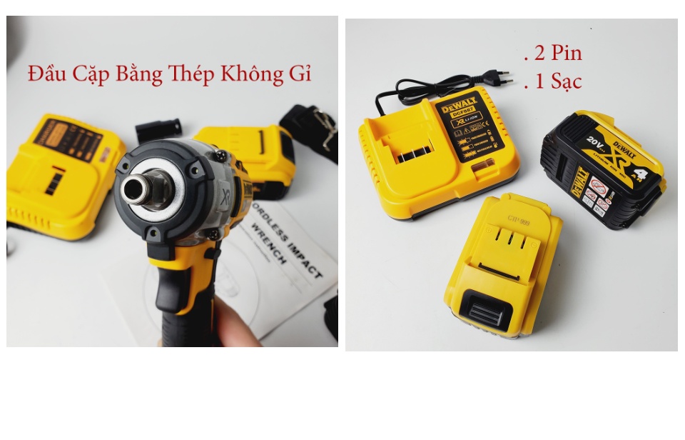 Máy siết bulong, máy bắn bulong Dewalt 199v sử dụng chân pin thông dụng, đầu 2 trong 1