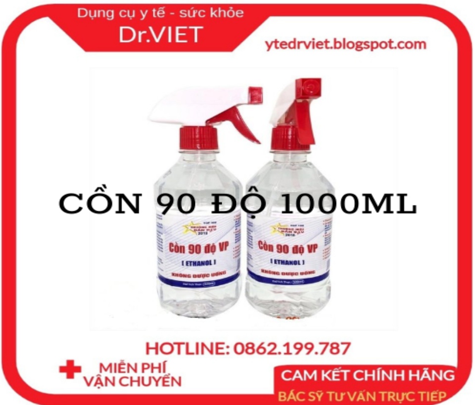 Cồn 90 độ Vĩnh Phúc 1000ml , Dùng để diệt khuẩn dụng cu y tế, bề mặt trong y tế,vi khuẩn Staphylococcus aureus, Pseudomona, Sát trùng vết thương: Tẩm cồn vào bông bôi lên chỗ cần sát trùng, Vệ sinh dụng cụ y tế - Drviet