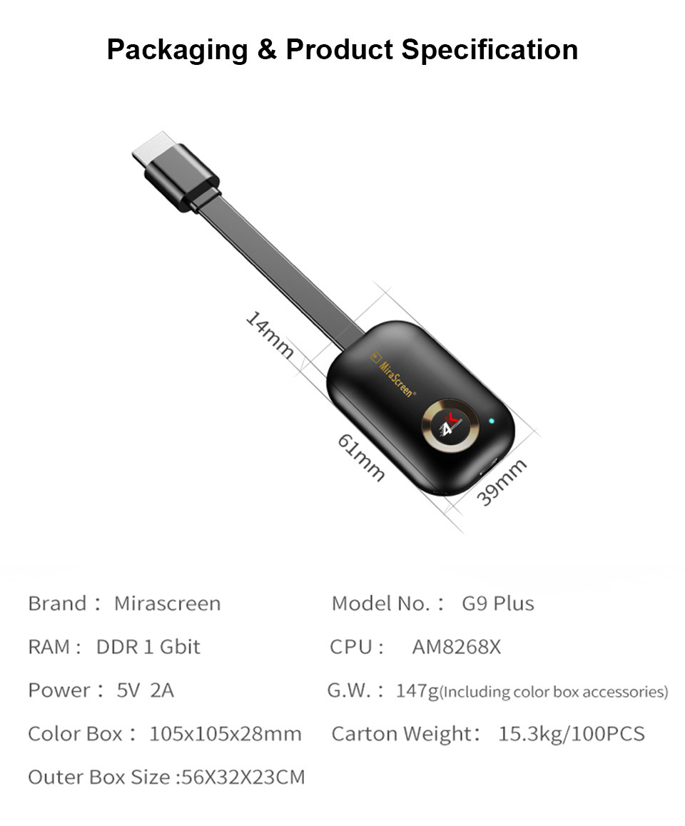 Thiết bị HDMI Wifi MiraScreen G9 Plus - Truyền hình ảnh từ điện thoại - Laptop - Máy tính bảng lên tivi - Máy chiếu Chất lượng cao 4K