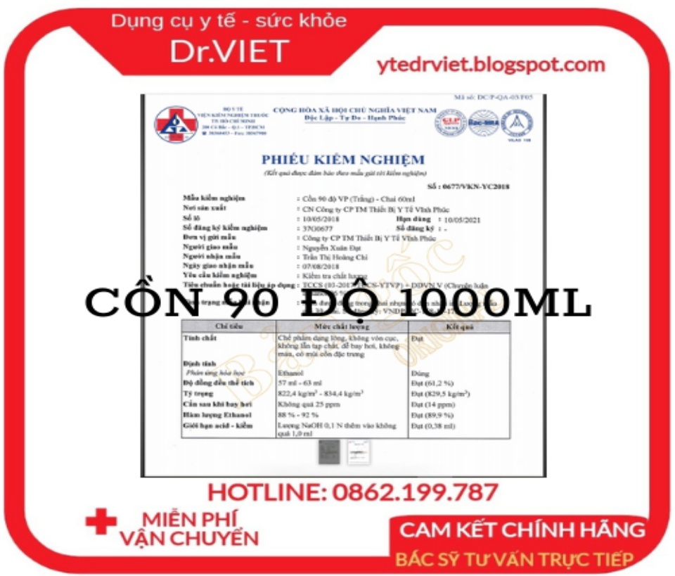 Cồn 90 độ Vĩnh Phúc 1000ml , Dùng để diệt khuẩn dụng cu y tế, bề mặt trong y tế,vi khuẩn Staphylococcus aureus, Pseudomona, Sát trùng vết thương: Tẩm cồn vào bông bôi lên chỗ cần sát trùng, Vệ sinh dụng cụ y tế - Drviet