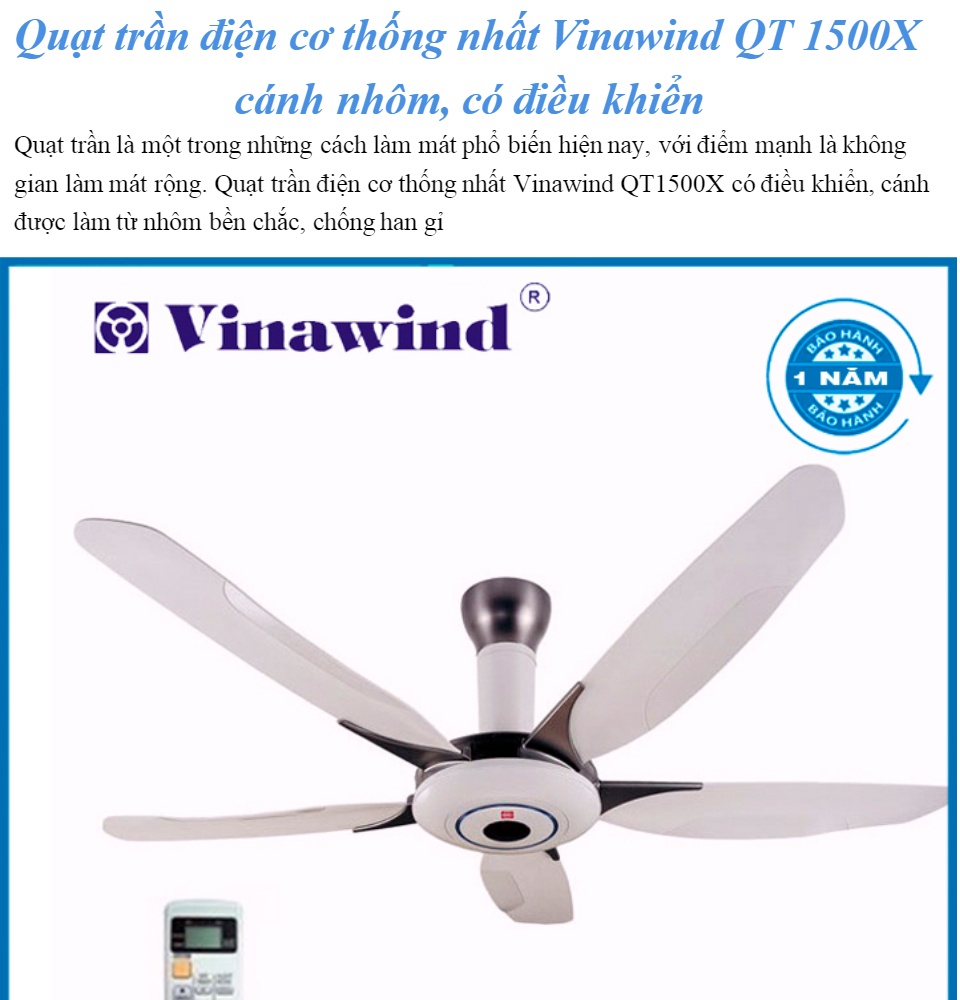 Quạt trần điện cơ Vinawind QT1500X - Bảo Hành 12 Tháng