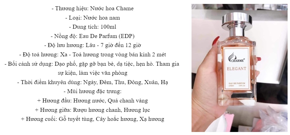 1 NƯỚC HOA ELEGANT CHAME MÙI NAM ĐẲNG CẤP 100ml (cam kêt chính hang)