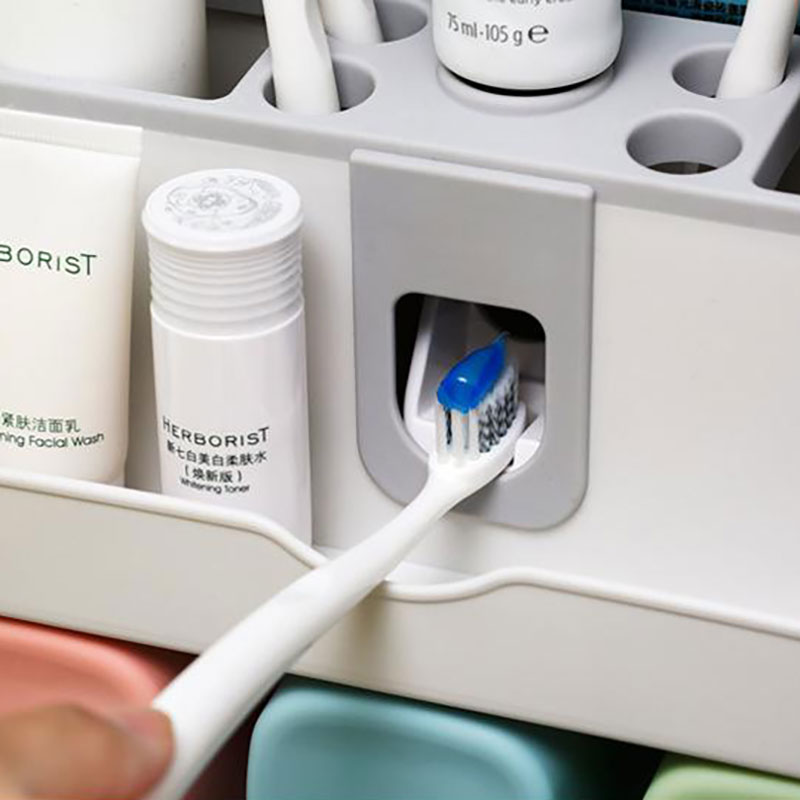 Kệ để đồ nhà tắm, treo bàn chải đánh răng, nhả kem tự động, tặng kèm 3 cốc, không cần khoan tường 9201