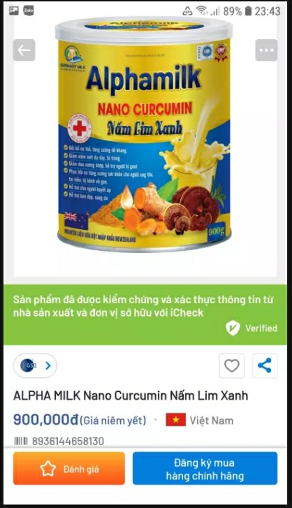 Sữa bột Alphamilk NaNo Curcumin Nấm Lim Xanh, tăng cường sức đề kháng, giảm viêm dạ dày, xương khớp, gout, ung thư , tai biến, gan, huyết áp, làm đẹp da, Bách hóa ngọc châu – hộp 900g