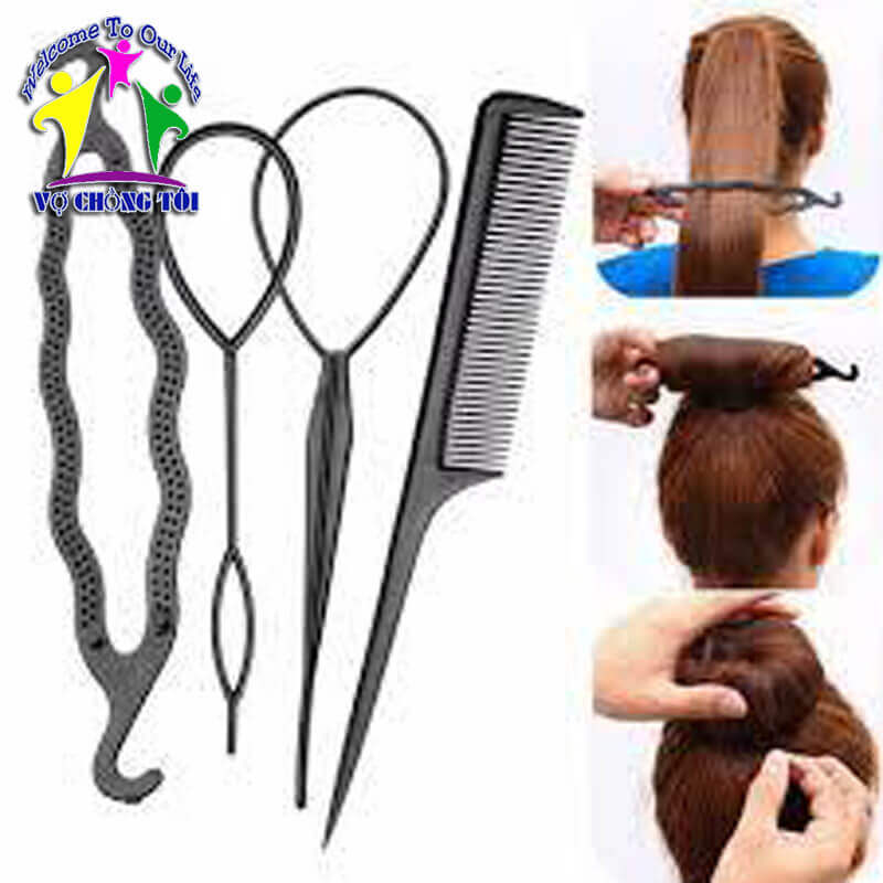 Bộ dụng cụ phụ kiện tóc nữ 4 món, chải bới, búi tóc đa năng tại nhà - thương hiệu VỢ CHỒNG TÔI