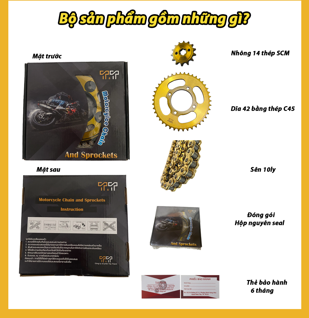 Nhông sên dĩa Yaz / Exciter 135, màu vàng, thông số 42T-14T, chất liệu thép SCM cao cấp, xuất xứ Thái Lan, bảo hành 6 tháng - T&T Tây Thành Shop chuyên nsd yaz