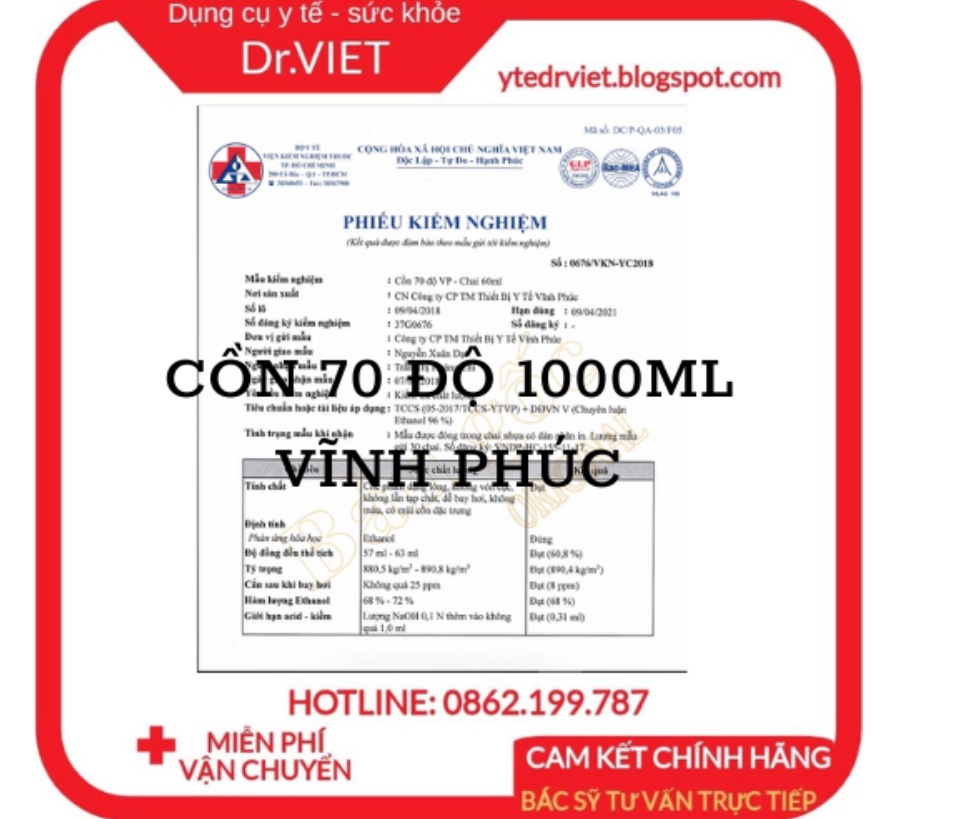 Cồn 70 độ 1000ml Vĩnh Phúc dùng để xử lý làm sạch môi trường, sát khuẩn bề mặt vật dụng và có thể xử lý vi khuẩn trực tiếp trên con người, trên bề mặt da, sát khùng vết thương, diệt khuẩn, sát khuẩn dụng cụ y tế DrViet 66 Cồn 70 độ 1000ml Vĩnh Phúc dùng để xử lý làm sạch môi trường, sát khuẩn bề mặt vật dụng và có thể xử lý vi khuẩn trực tiếp trên con người, trên bề mặt da, sát khùng vết thương, diệt khuẩn, sát khuẩn dụng cụ y tế DrViet