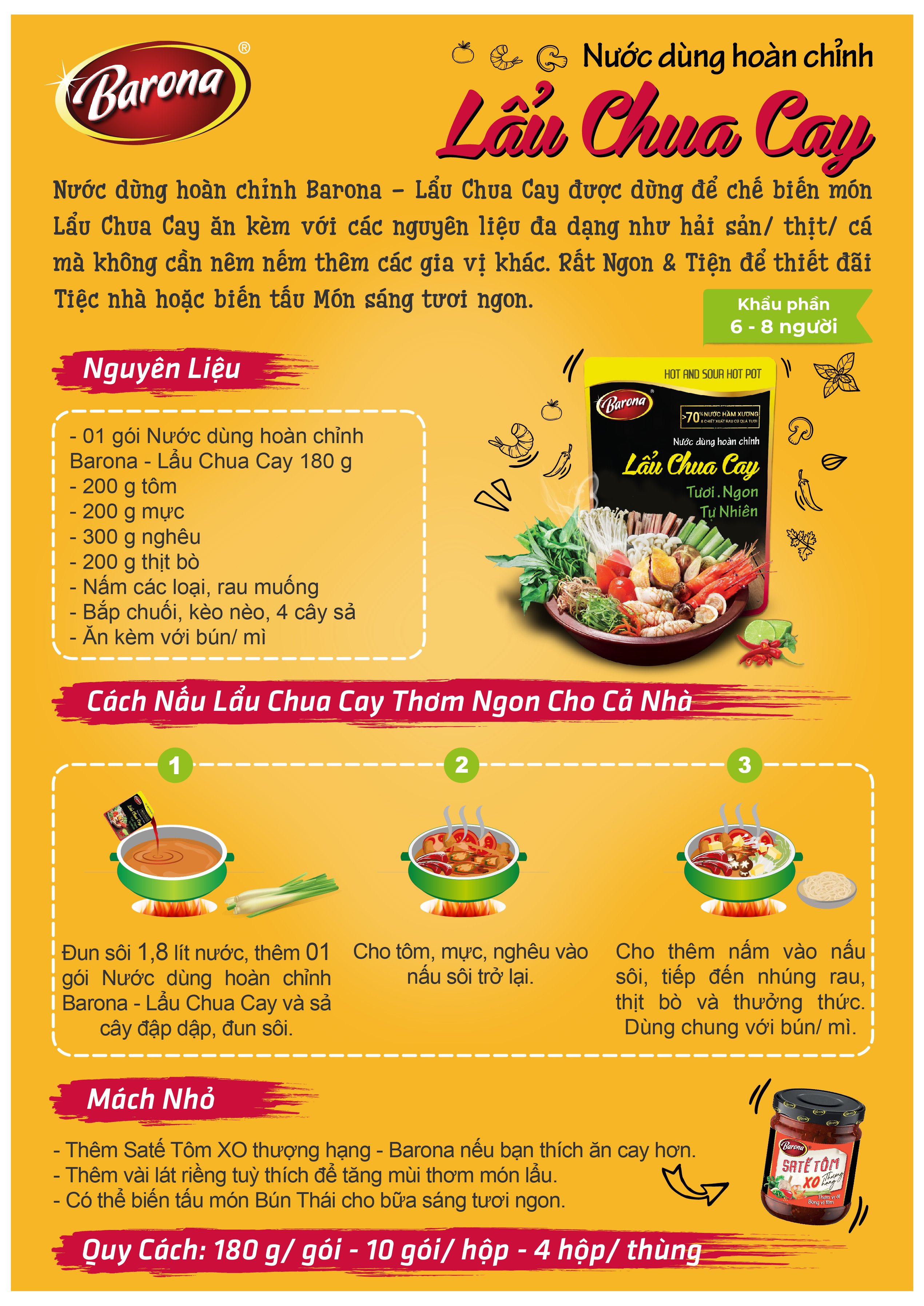 Nước Dùng Lẩu Chua Cay Barona 180g tươi ngon chuẩn vị không cần nêm nếm