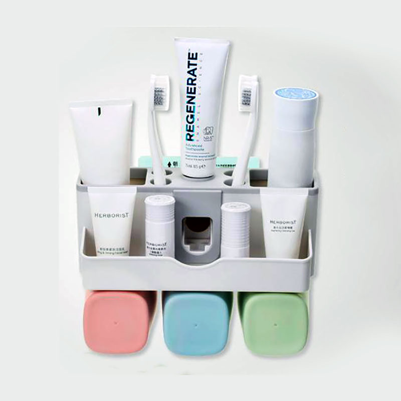 Kệ để đồ nhà tắm, treo bàn chải đánh răng, nhả kem tự động, tặng kèm 3 cốc, không cần khoan tường 9201
